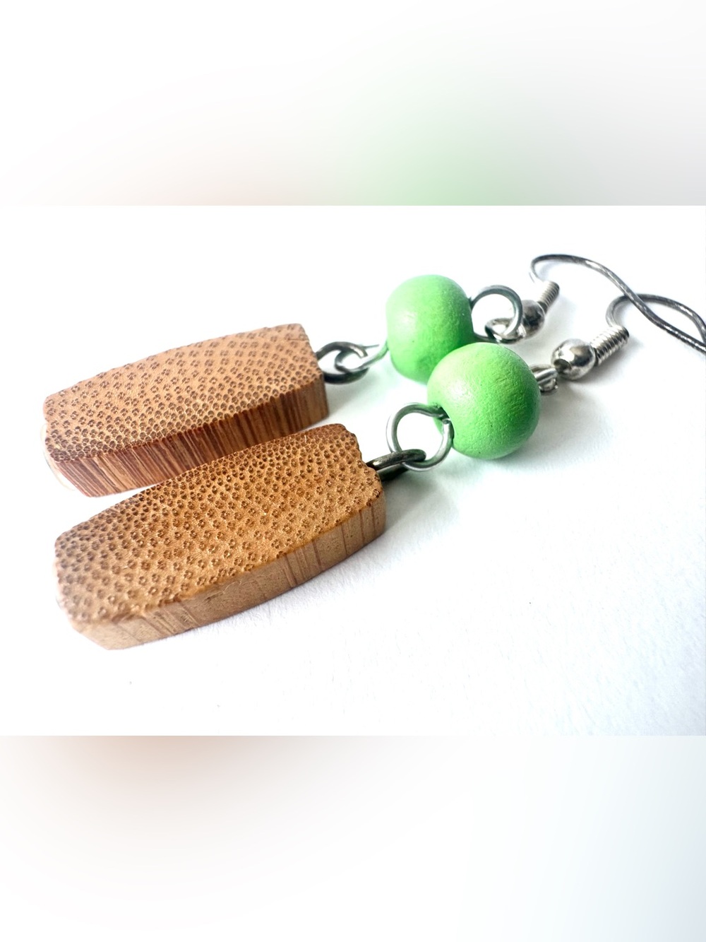 Bamboo Drop Earrings with Green Wooden Beads - one of a kind NWT